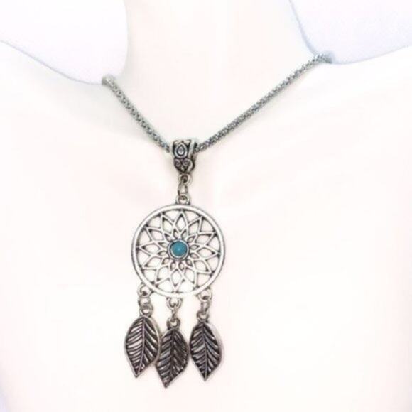 Silver Turquoise Dreamcatcher Feather Boho Necklace - Picture 1 of 5